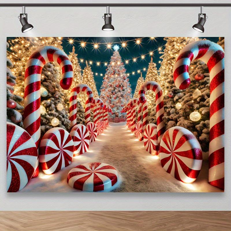 2D flat 1 piece of Christmas candy cane path polyester background fabric trees and candy canes perfect Christmas decoration
