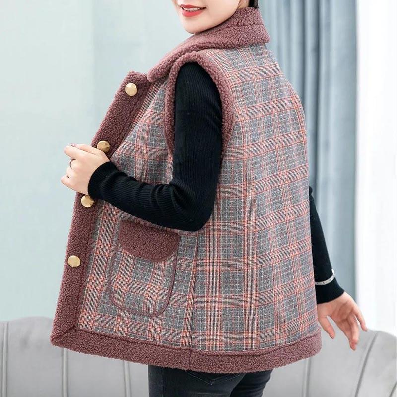 Vest Women's Autumn and Winter Wear Plus Velvet Thick Large Size Middle-aged and Elderly Plaid Sleeveless Jacket