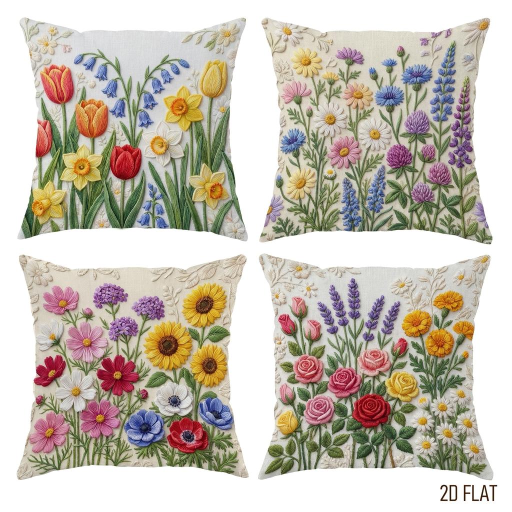 4Pcs Floral Printed Cushion Cover Tulip Rose Sunflower Daisy Lavender Pillow Case Polyester Home Decor Sofa Bedroom Living Room