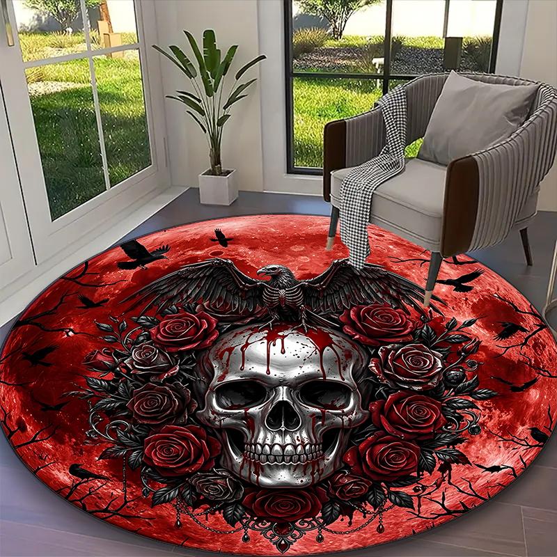 Gothic Crow Blood Skull Aura Carpet, Non-slip Office Chair Rug, Digital Print Home Round Rug, Unique Festival Decorations