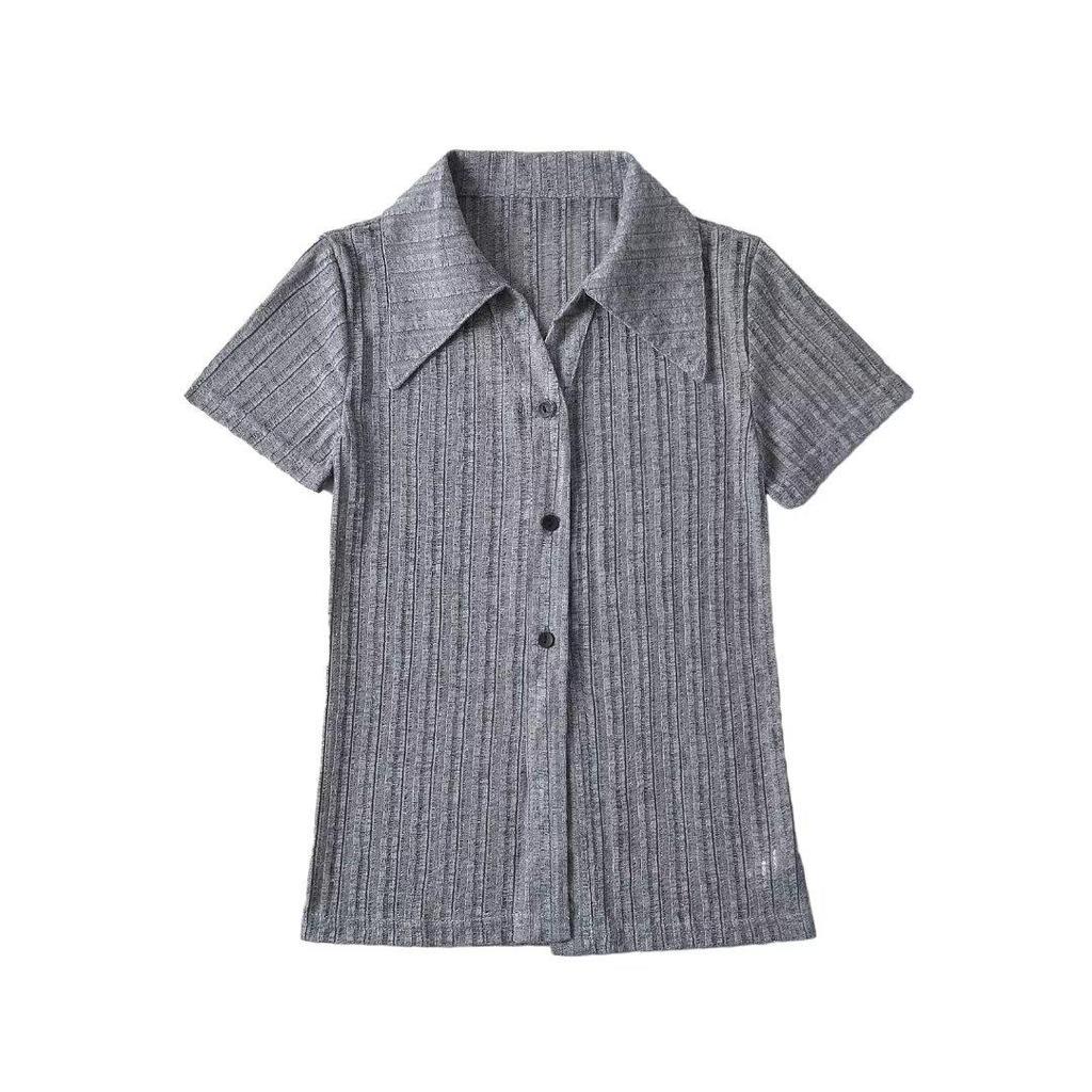 2024 Летний приталенный кардиган с воротником поло и короткими рукавами в рубчик для женщин - европейский и американский стиль горячей девушки