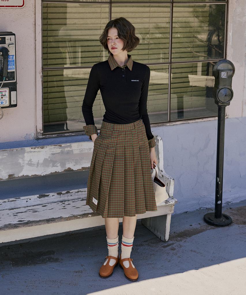 Candini Navy (Green Check) Check Midi Pleated Skirt