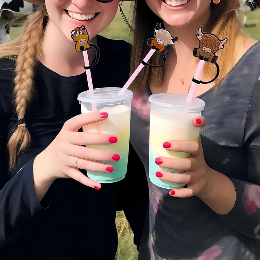 Набор из 6 уникальных мультяшных пробок для трубочек, красочные пластиковые крышки для трубочек в форме коровы, аксессуары для посуды для питья