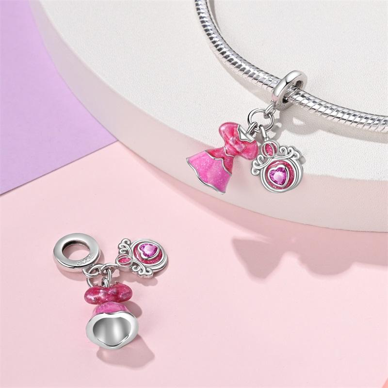 Sweet Romantic Princess Charms S925 Silver Pink Dress Lipstick High Heels Perfume Beads 3mm DIY Fine Jewelry Accessories