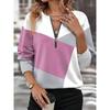 Autumn Color Blocked Printed Women's Long Sleeved T-shirts Geometry Zipper V-neck High Street Woman Tops Loose Casual Clothes