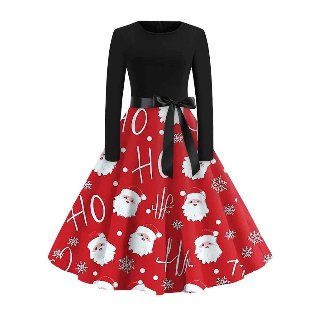 Женское модное и элегантное осенне-зимнее платье с длинным рукавом и круглым вырезом с рождественским принтом