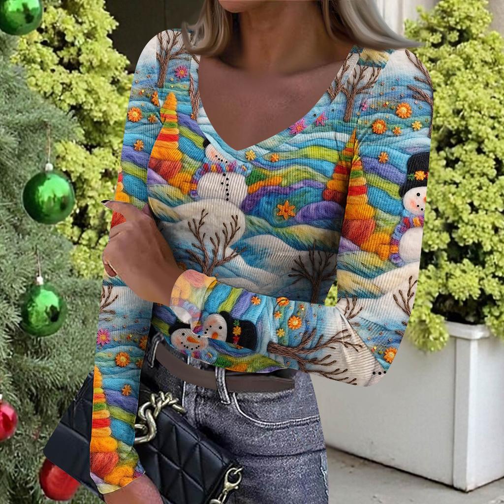Женская зимняя облегающая футболка-базовый слой, модный рождественский принт, V-образный вырез, пуловер, топ с длинными рукавами