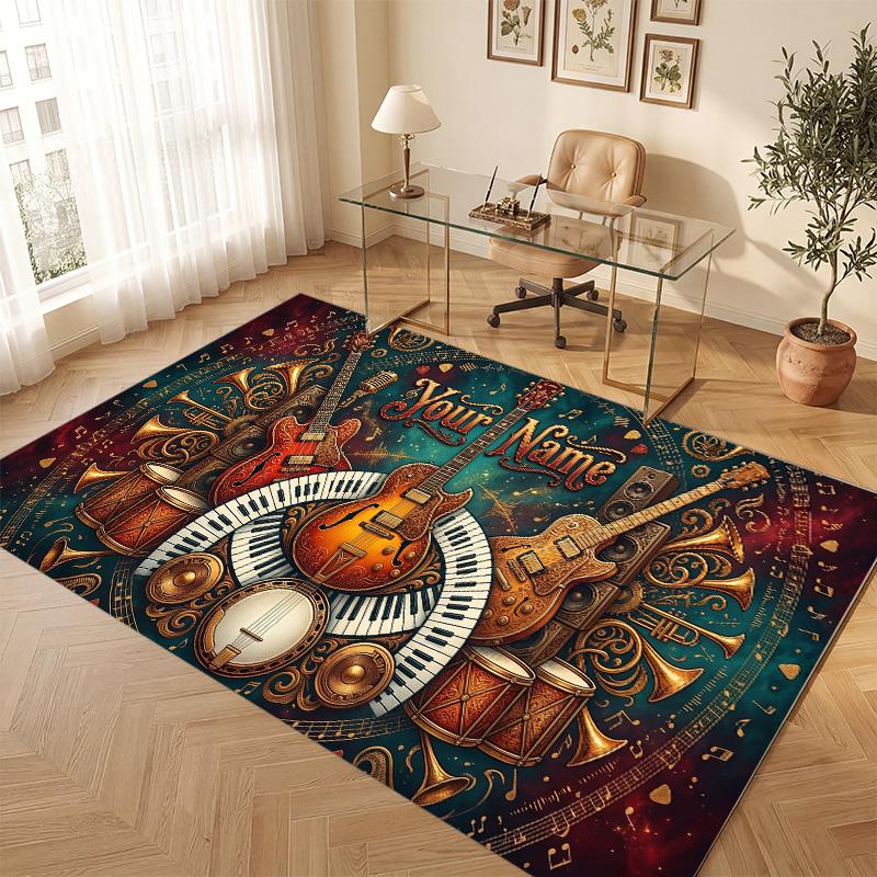Music Theme Soft Crystal Velvet Rug Custom Name & Text Print Non Slip Floor Rug for Bedroom Living Room