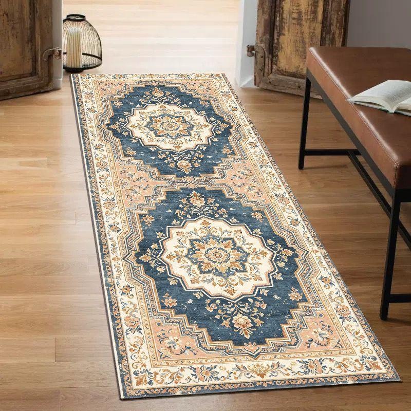 Retro Ethnic Style Runner Rug Anti-Slip and Stain-Resistant Entrance Hall Floor Mat Bedroom Kitchen Rug Home Decoration