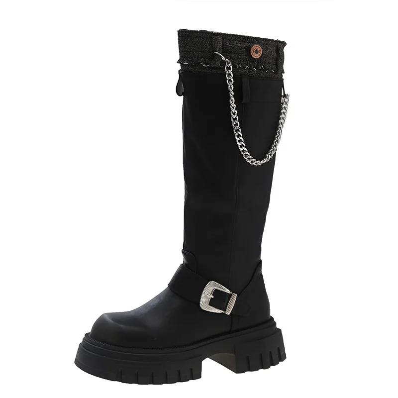 2024Платформа Пряжка на ремне Но Ботфорты до колена Женские Осенние Толстый каблук Вестерн Ковбой Рыцарь Ботас Пэчворк Универсальная Женская обувь