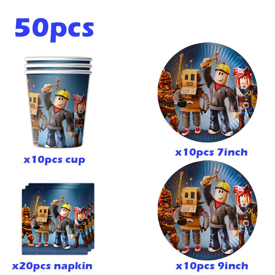 Robot Boy Happy Birthday Party Supplies Set Roblox Themed Paper Tablecloth Plate Cups Cake Balloons Baby Shower Game Decorations