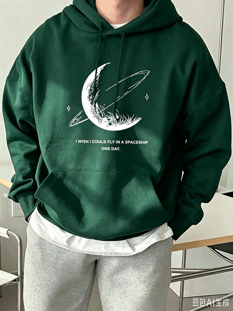 Drawstring Hooded Sweatshirt, "Planet" Print, Fall/winter Loose, Soft, Comfortable, Fleece-lined Hooded Sweater