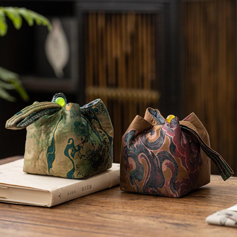 Retro Tea Cup Storage Bag Interwoven Silk Brocade Handbag Printing Teapot Cloth Pouch Camping