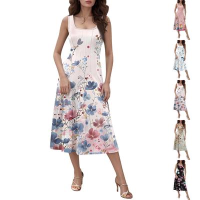 Женское повседневное модное платье миди с круглым вырезом без рукавов и боковыми карманами