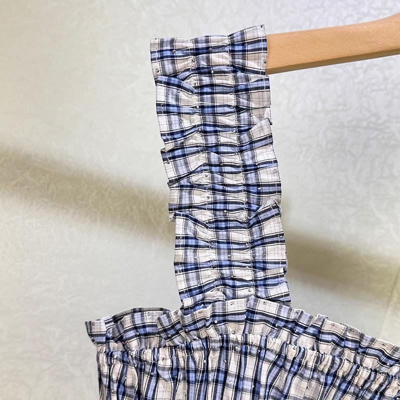 Сине-белый клетчатый топ-камзол с бусинами + Юбка с высокой талией