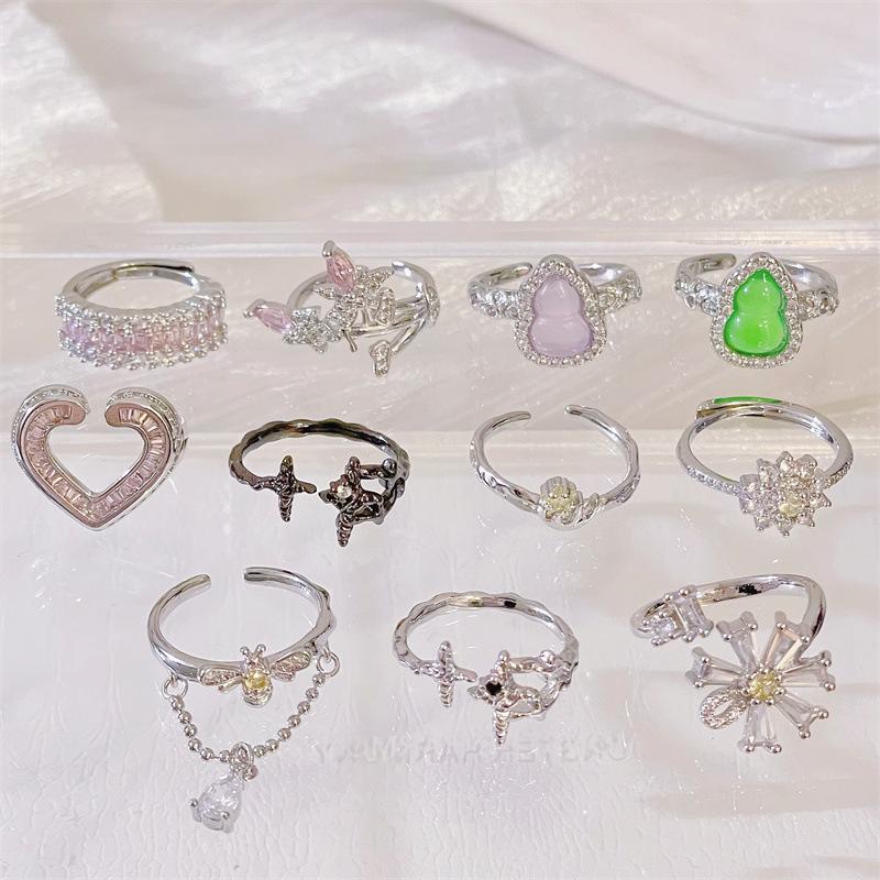 High-End Opening Adjustable Ring Imitation Chalcedony Heart-Shaped Niche Design Diamond-Set Light Luxury Personalized Fashion Ring Women
