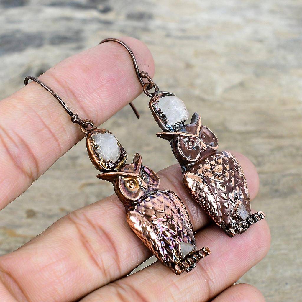 Rainbow Moonstone Rough Earring Electroformed Copper Earrings Gemstone Earring Handmade Copper Jewelry Owl Drop Earrings Anniversary Gifts