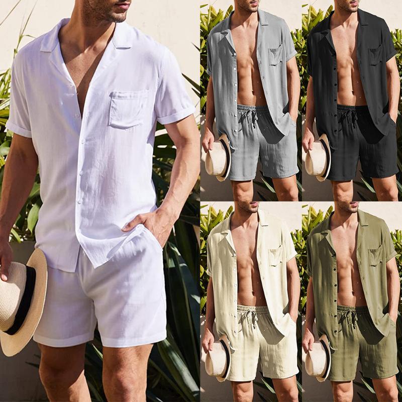 Мужской льняной комплект из 2 предметов с коротким рукавом, отложным воротником, рубашками с карманами и шортами, летние пляжные брюки, мужские костюмы Slim Fit