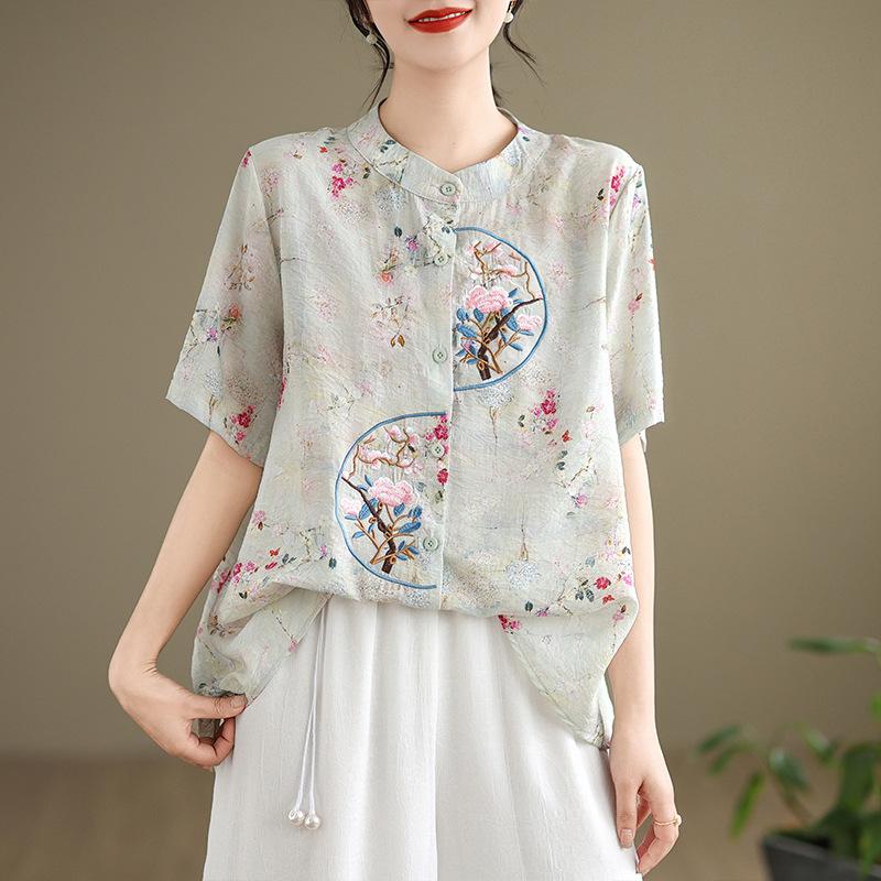 Summer Chinese Style Retro Artistic Printed Embroidered Shirt Top for Women Shirt