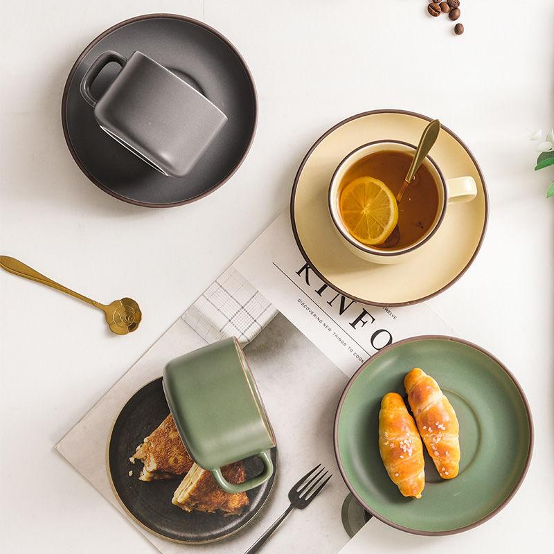 Ceramic Coffee Cup and Saucer Set with Spoon European Luxury Breakfast Cup Ins Retro Light Luxury High-value Small Cup and Saucer