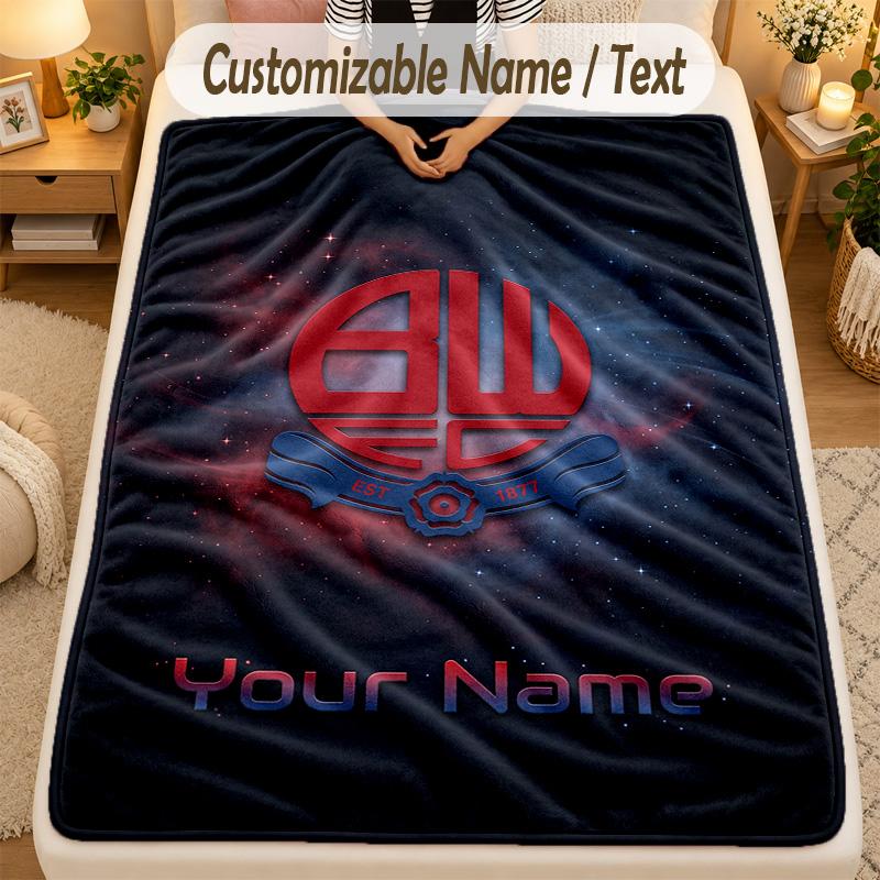 Flannel BlanketBolton Wanderers FC Custom Name Text Personalized Soft Warm Throw Blanket Home Decor Gift