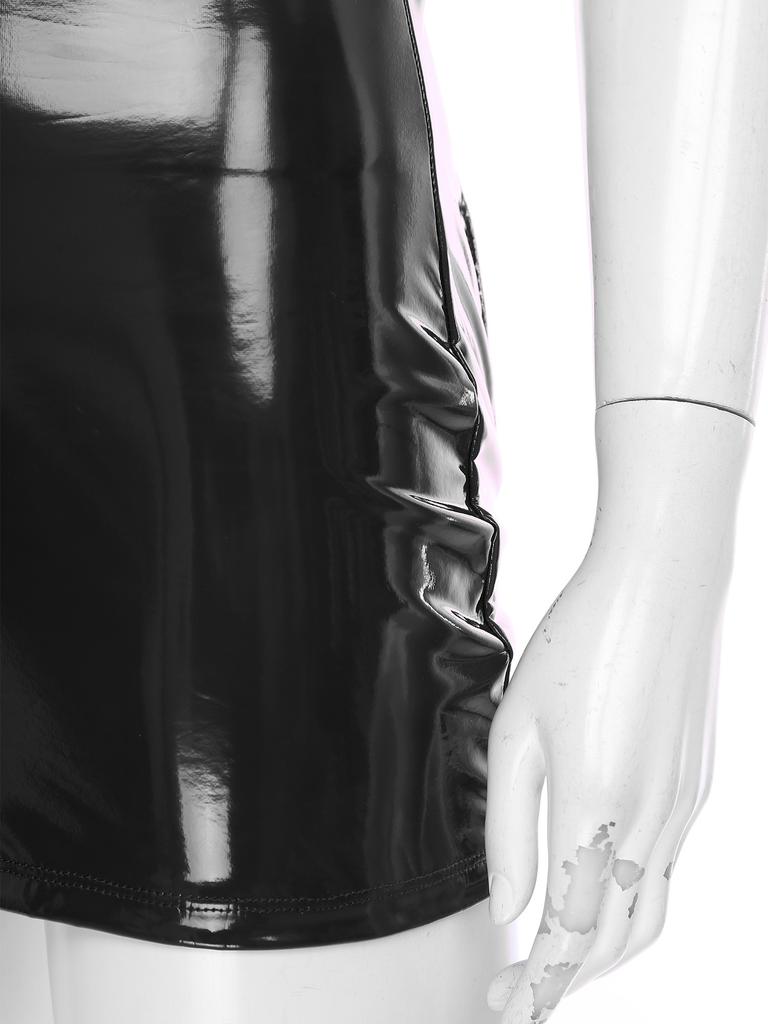 Womens Wet Look Bodycon Mini Dress Chest Accent Rear Emphasis Sheer Cutouts Patent Leather Date Night Dress