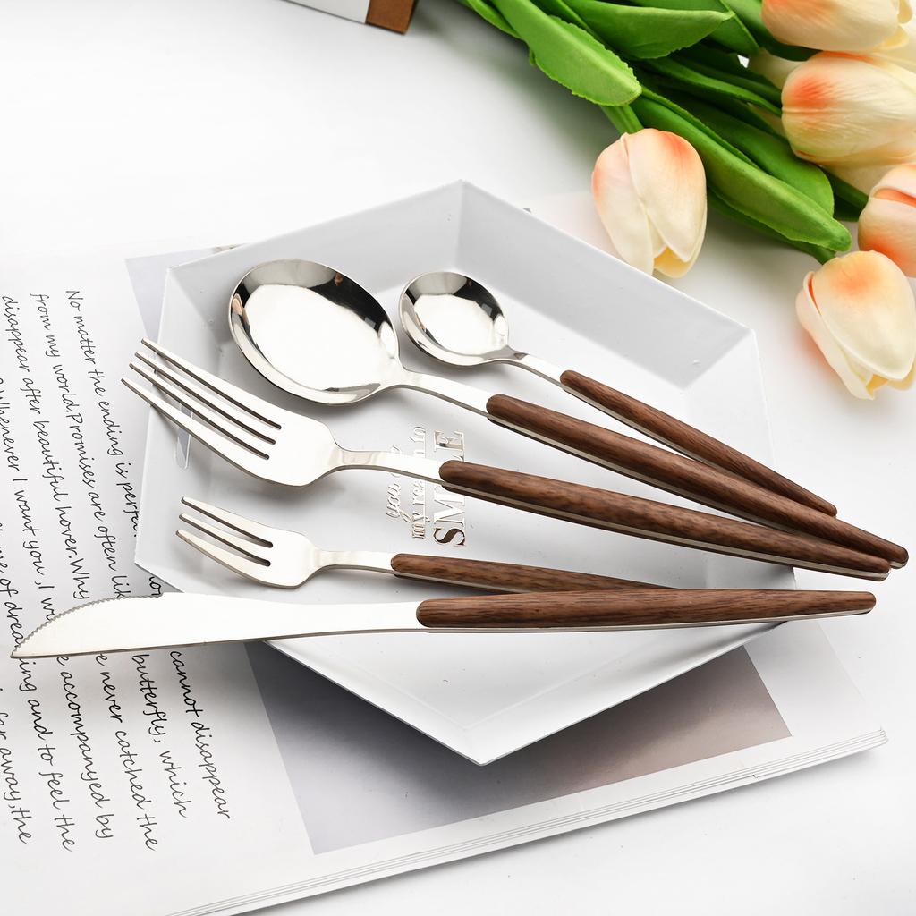 20Pcs Wooden Handle Dinnerware Steak Knife Coffee Spoon Cake Fork Set Mirror Stainless Steel Tableware Kitchen Utensils Eating Silverware