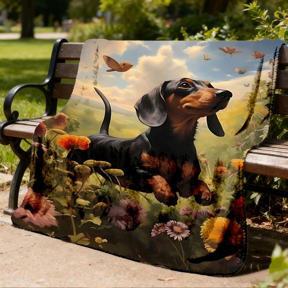 1pc Dachshund, Flower Field Print Outdoor Blanket, Lightweight Polyester,