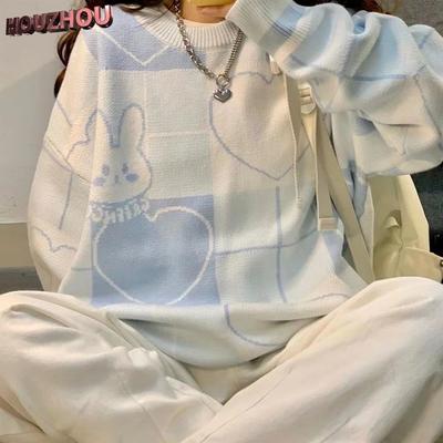 Японский винтажный вязаный свитер с героями мультфильмов, Harajuku, женские осенние новые пуловеры с круглым вырезом и длинными рукавами, джемперы больших размеров в консервативном стиле