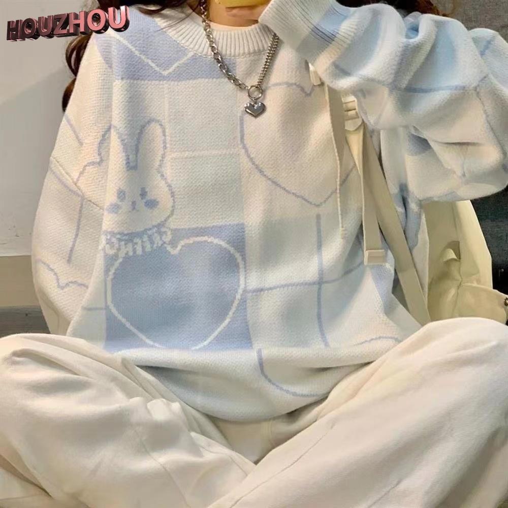 Японский винтажный вязаный свитер с героями мультфильмов, Harajuku, женские осенние новые пуловеры с круглым вырезом и длинными рукавами, джемперы больших размеров в консервативном стиле