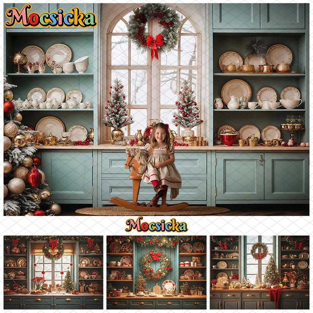 Mocsicka Рождественский кухонный фон для фотосъемки Рождественская елка Посуда Шкаф Украшения Семейная вечеринка с детьми Фон для фотосессии Реквизит