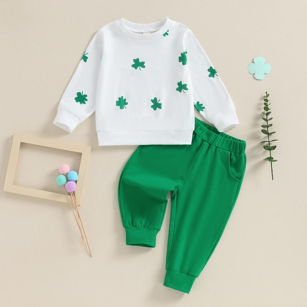 Toddler Girls Autumn Pants Sets Long Sleeve Four Leaf Clover Print Sweatshirt Green Casual Pants Sets