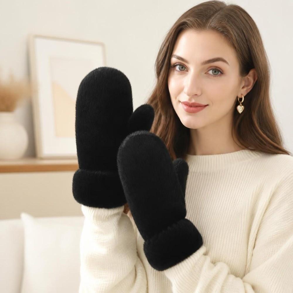 1pair Windproof Imitation Rabbit Fur Gloves Thickened Winter Mittens Simple Plush Gloves Women