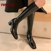 Зимние новые черные сапоги длиной до колена на резинке, женские лакированные кожаные туфли с боковой молнией на высоком каблуке, элегантная универсальная обувь 2025 года