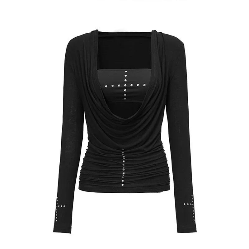 VAYLA Y2k Панк Топ из двух частей Необычный топ с заклепками + Безрукавная майка Уличная одежда Американский Ретро 90-е Черный Топ Футболка E-girls