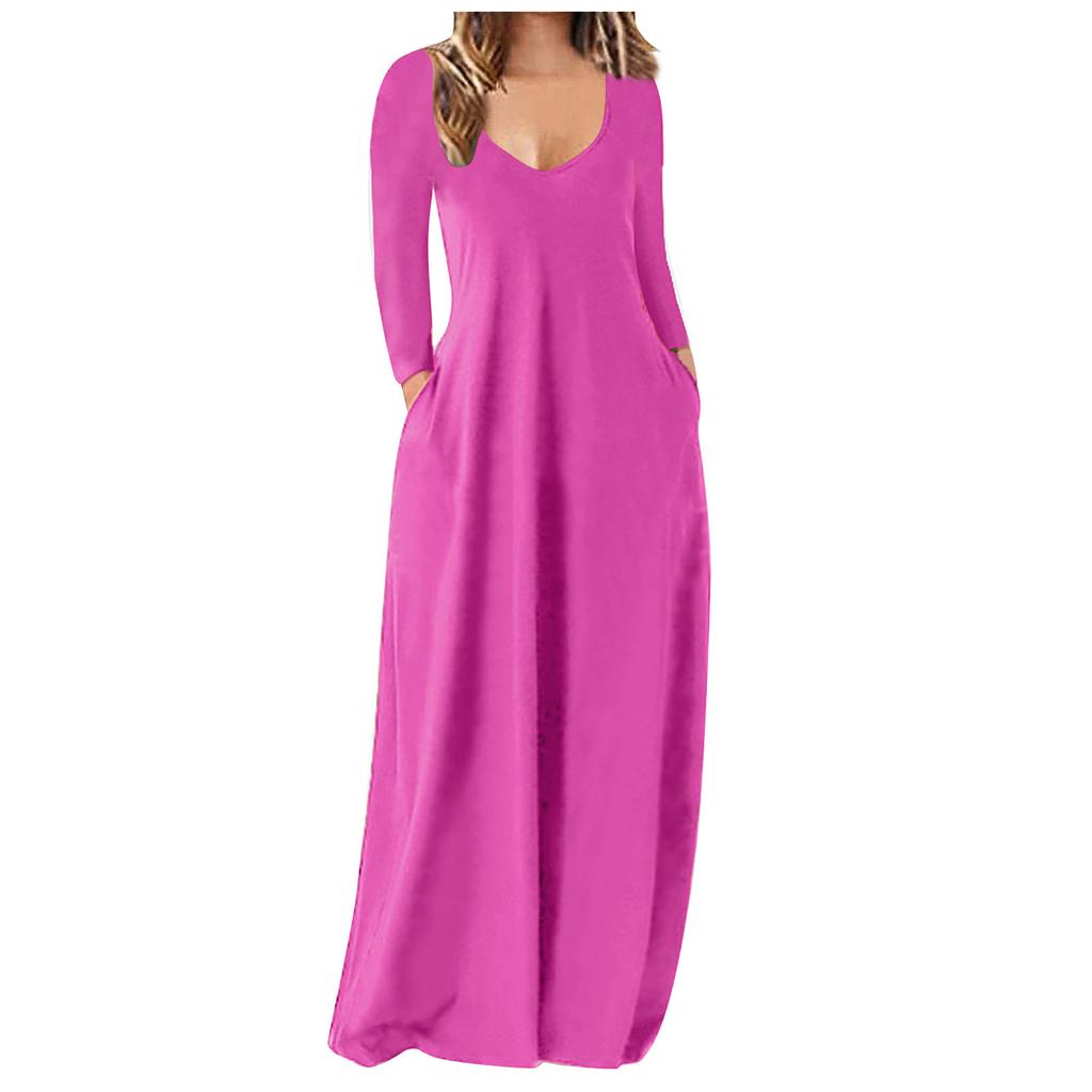 Женское повседневное свободное однотонное длинное платье сексуальное платье с глубоким V-образным вырезом и длинным рукавом