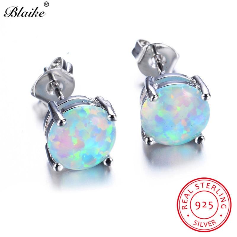 925 Sterling Silver White Fire Opal Stud Earrings for Women Fine Jewelry 8mm Round Stone Studs Birthstone Earrings