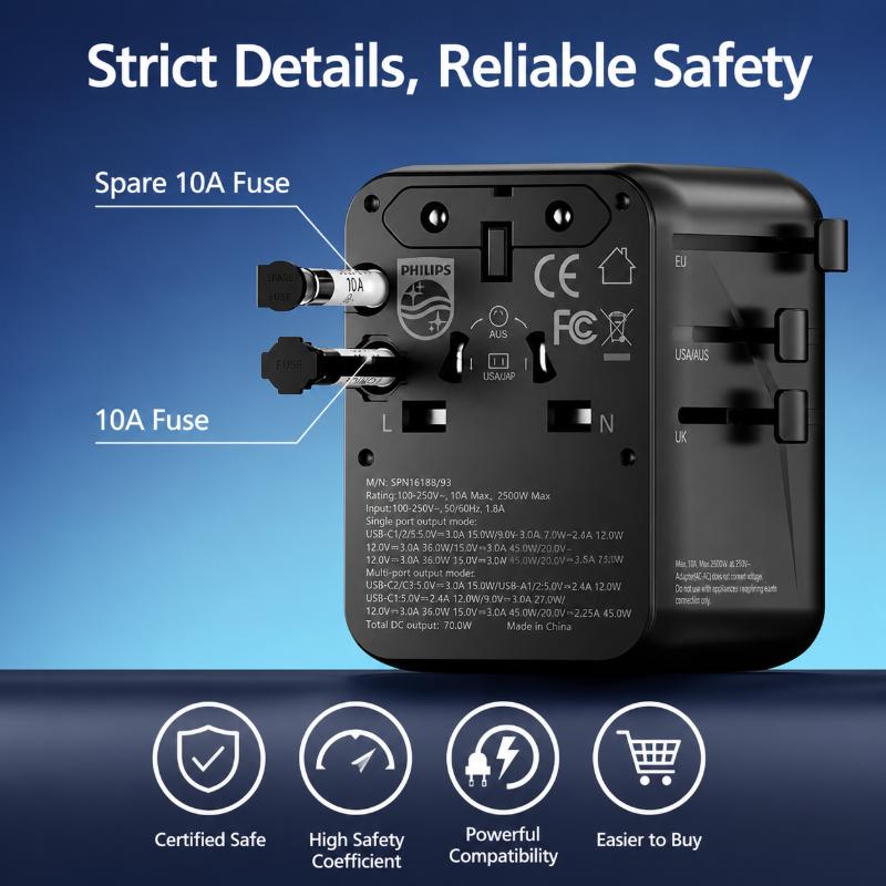 Philips Universal Travel Plug Adapter 70W Laptop Fast Charging with Side Socket 3C2A, Black