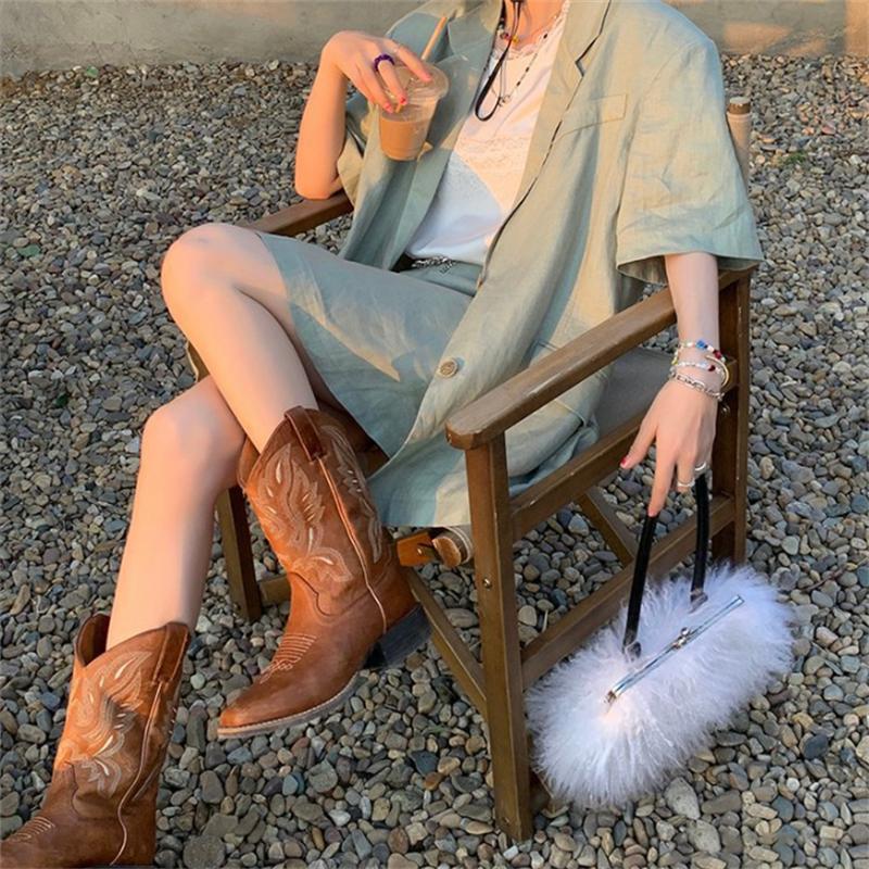 Новые женские кофейно-коричневые вышитые ботинки из искусственной кожи с принтом, ковбойские сапоги в стиле вестерн с глубоким V-образным вырезом, высокие повседневные ботинки, классические