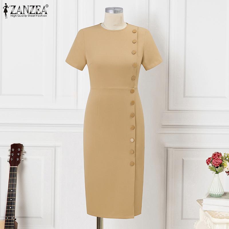 ZANZEA Женские элегантные платья с круглым вырезом и коротким рукавом
