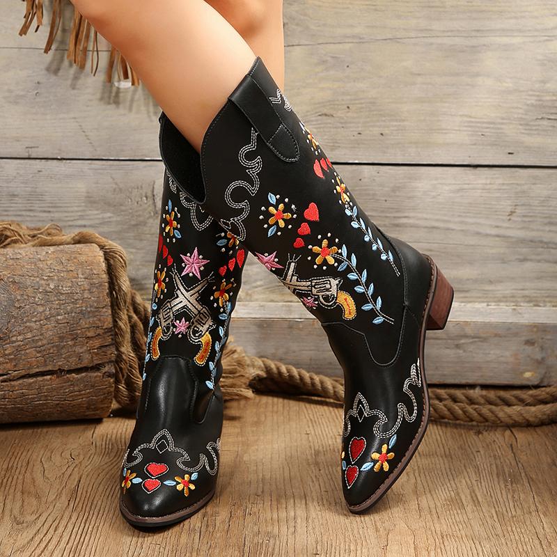 Модные женские ковбойские сапоги с вышивкой, с острым носком и квадратным каблуком, до середины голени, женские вышитые сапоги из искусственной кожи