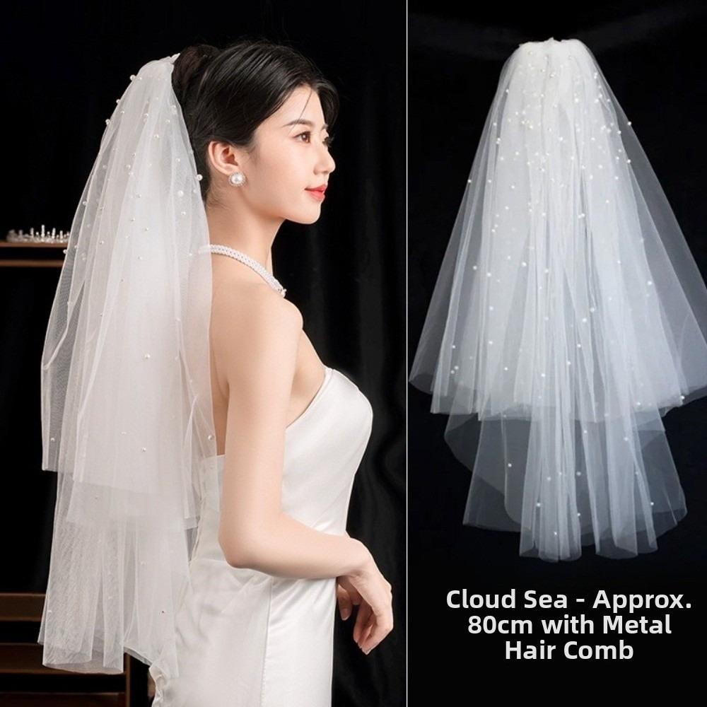 Bow Wedding Veil Pearl Accessories Women's Tulle New Bridal Veil Bridal Photoshoot
