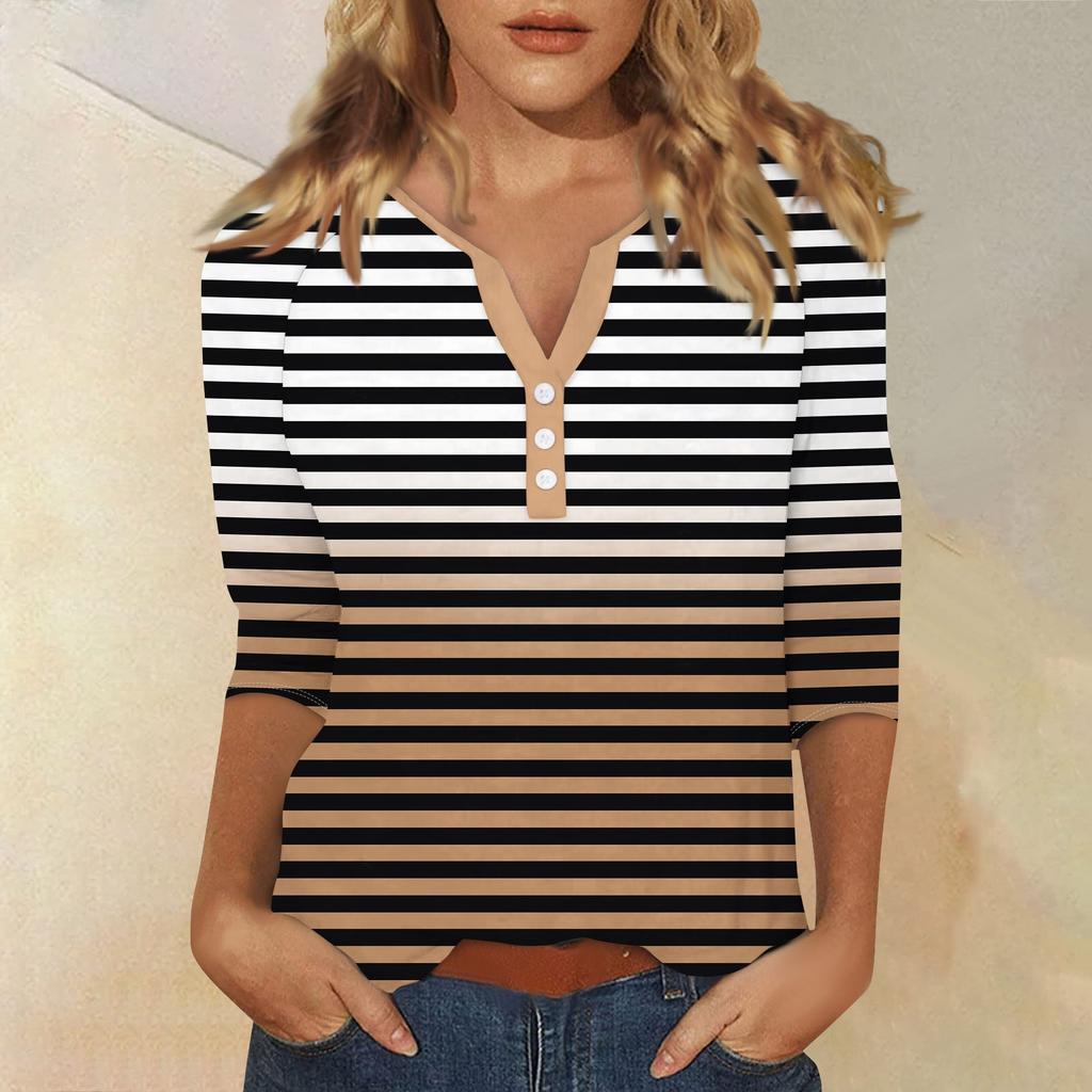 Жен. Футболка Футболка С принтом Пуговицы Рукав 3/4 Повседневные Выходные Мода Классический Классический V-образный вырез Обычный Верх