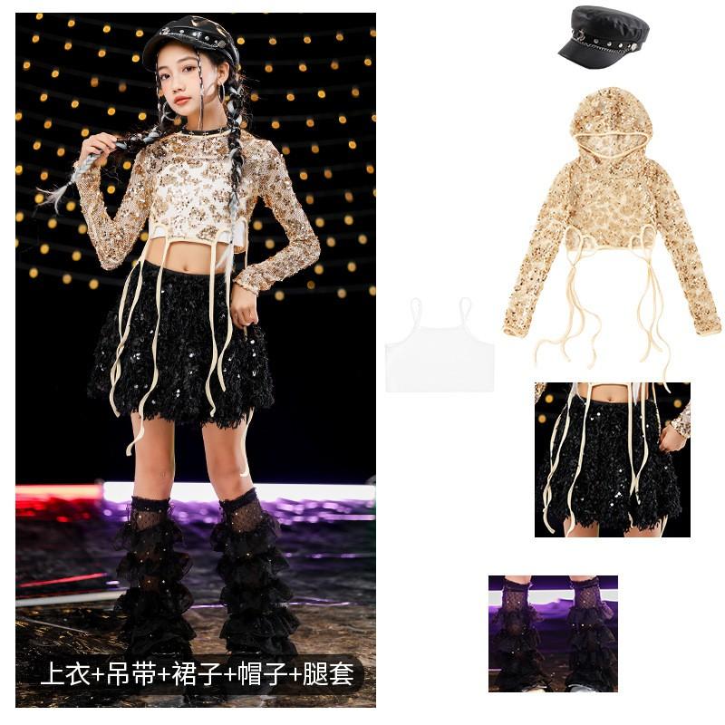 Girls Jazz Dance Outfit Set With Sequin Skirt Hooded Top Streetwear Performance Costume Kids 8