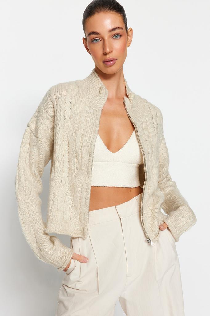 Women's Fashion New Cardigan Stone Soft Textured Zipper Hair Braided Knitwear Cardigan