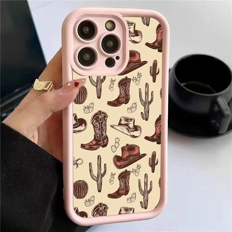 Western Graffiti Brown Silicone Soft Case For iPhone 13 14 Pro Max 11 12 15 16 Plus SE2022 7 8 X XS XR Shockproof Candy Cover