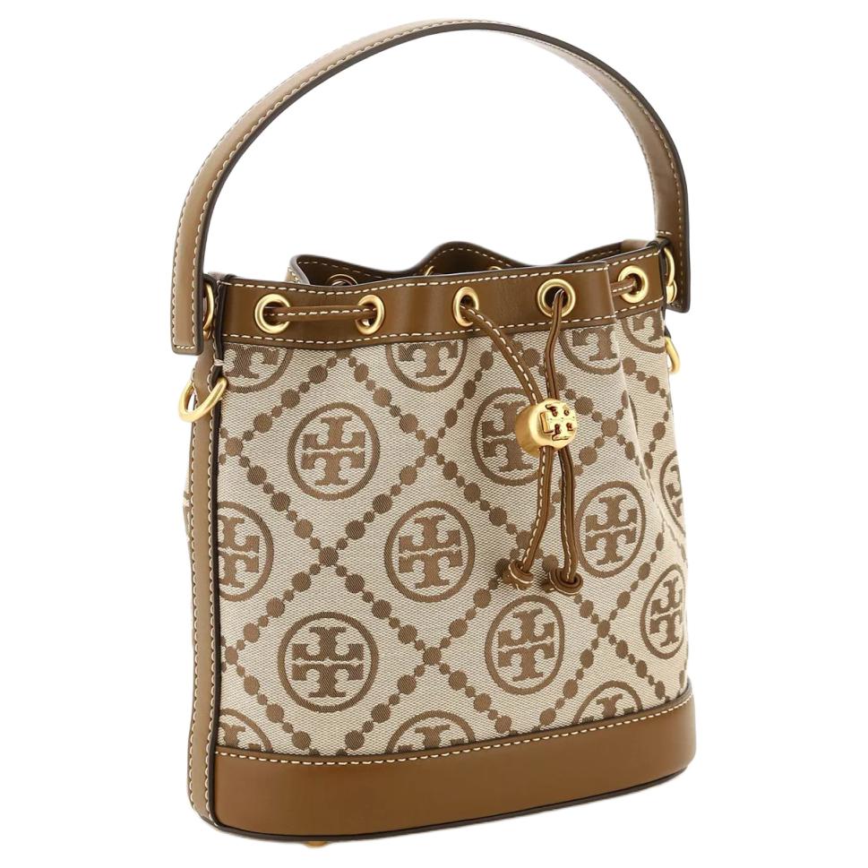 Tory Burch T Monogram Brass Accented Elegant Drawstring Bucket Bag With Push Lock Women Handbags Hazelnut-Brown 84336-371
