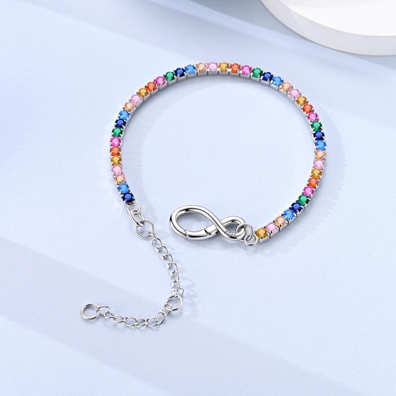 Original 925 Sterling Silver Full Pave Zircon Inlaid Colorful Tennis Chain Infinite Clasp Bracelet For Women Party Jewelry Gift
