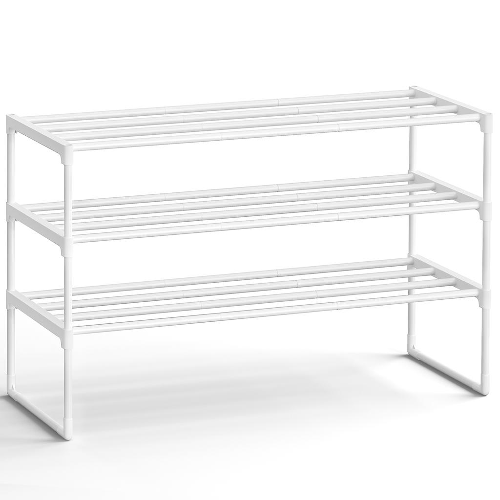 SONGMICS 3-Tier Shoe Rack, Shoe Storage Organiser, Metal Storage Rack, Upright or Upside Down, Fits 16 to 20 Pairs, Stackable, for Hallway
