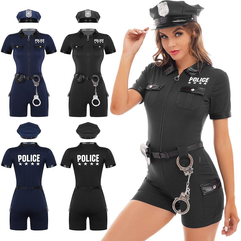 Womens Cop Outfits Policewoman Role Play Costume Zipper Short Sleeve Jumpsuit with Belt Purse Hat